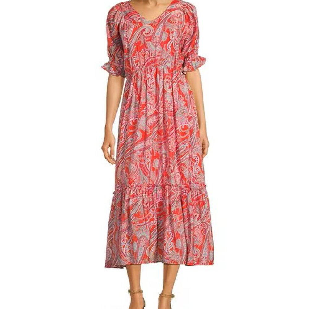 Calessa Dress Paisley Red-Pink Tiered Midi, Size Large New With Tag,